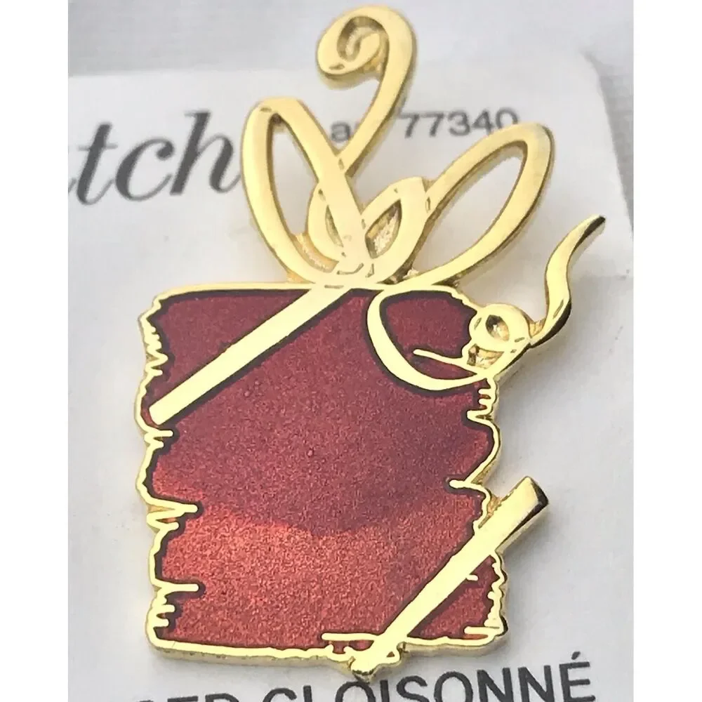 Present Cloisonne Gold Tone on Card Perfectmatch Vintage Pin Brooch Christmas